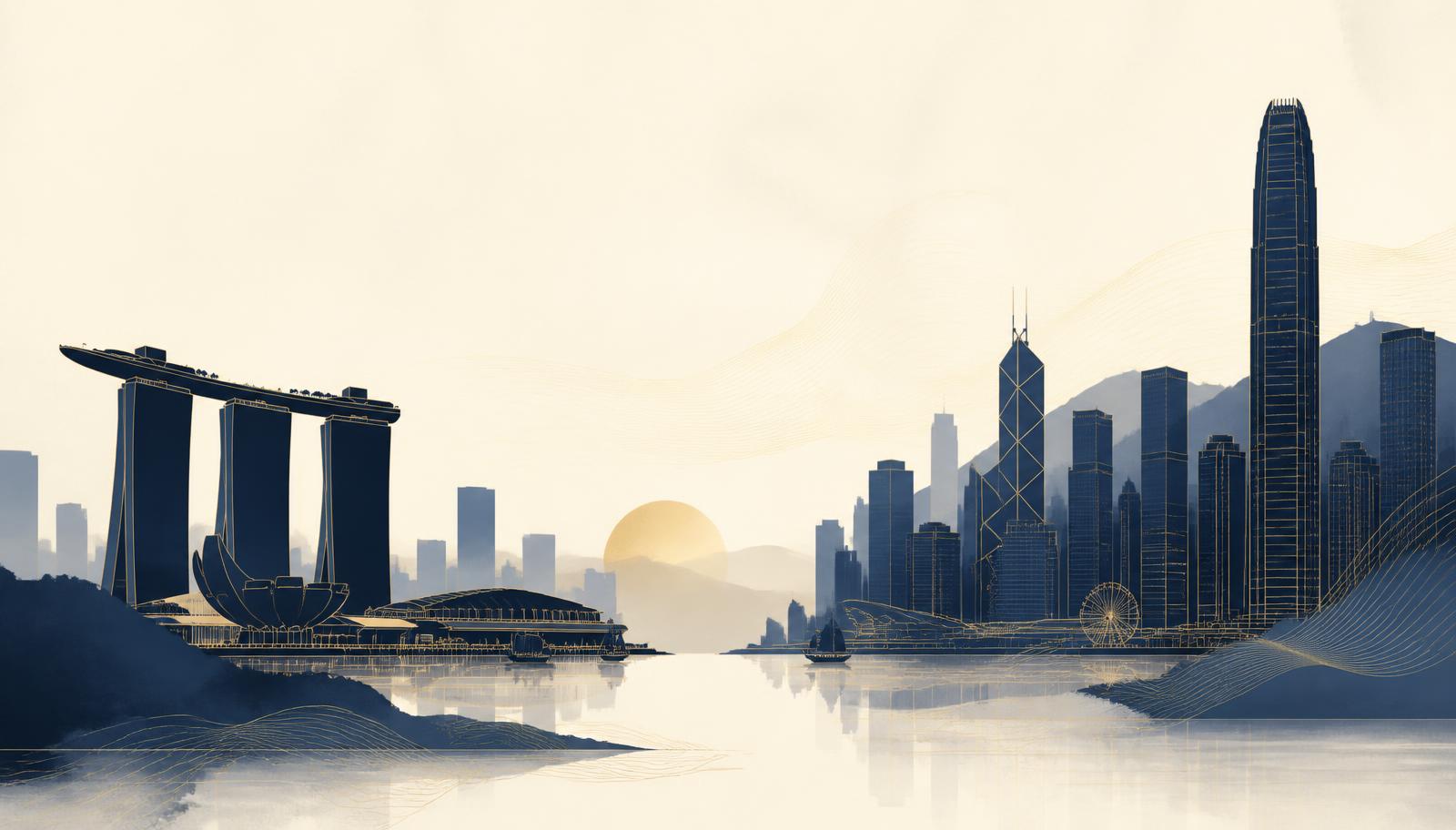 Singapore and Hong Kong skylines at dawn